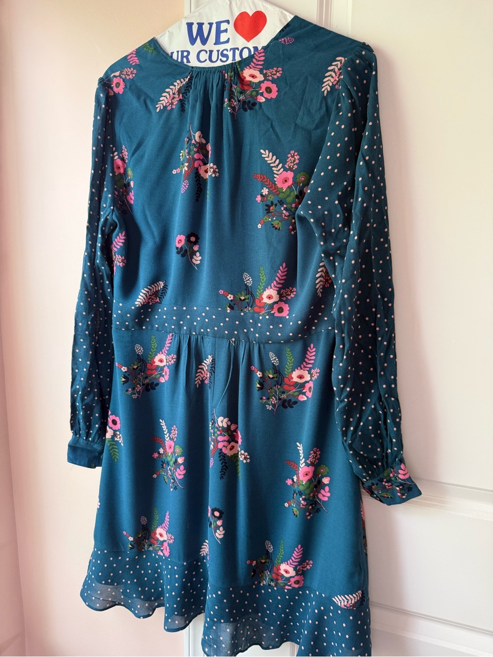Boden Teal Floral Button-Front Long-Sleeve Mini Dress with Pink Accents - Picture 7 of 8
